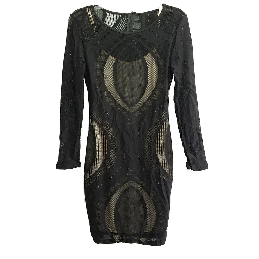 NEW- Black Nude stretchy Bodycon long sleeve dress - Picture 7 of 8